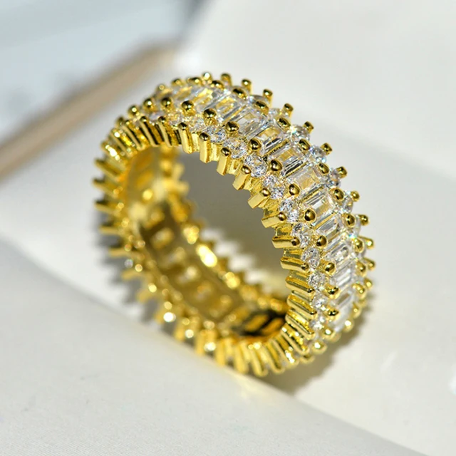 Handmade Eternity Promise Gold Crystal Ring AAA CZ Zirconia Engagement Wedding Band Rings for Women Men Finger Party Jewelry D