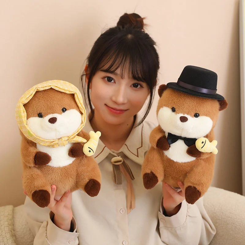 30cm Kawaii Eat Fish Magnet Toys Otter Cartoon Stuffed Animal Soft Peluches Sea Otters Capybara Plush Dolls for Girls Gift Decor