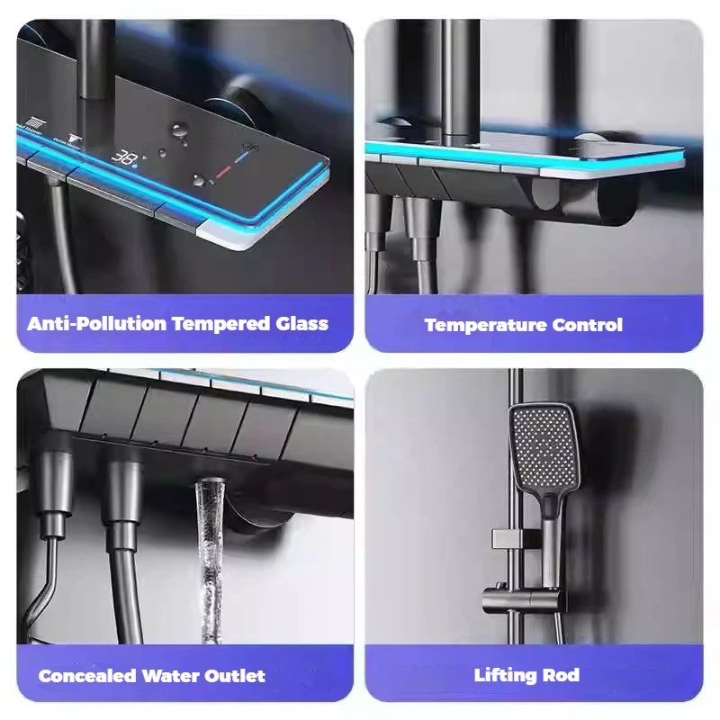 Digital Display Shower Set Shower Faucet System Set Hot Cold Piano Button With Ambient Light Bathroom Faucet Shower Head 2