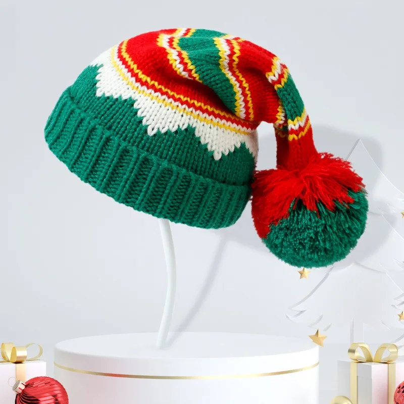 Fashion Mother Kids Christmas Hat Red Green Striped Knitting Baby Hats for Boys Girls Winter Warm Beanie Children Adult Xmas Cap