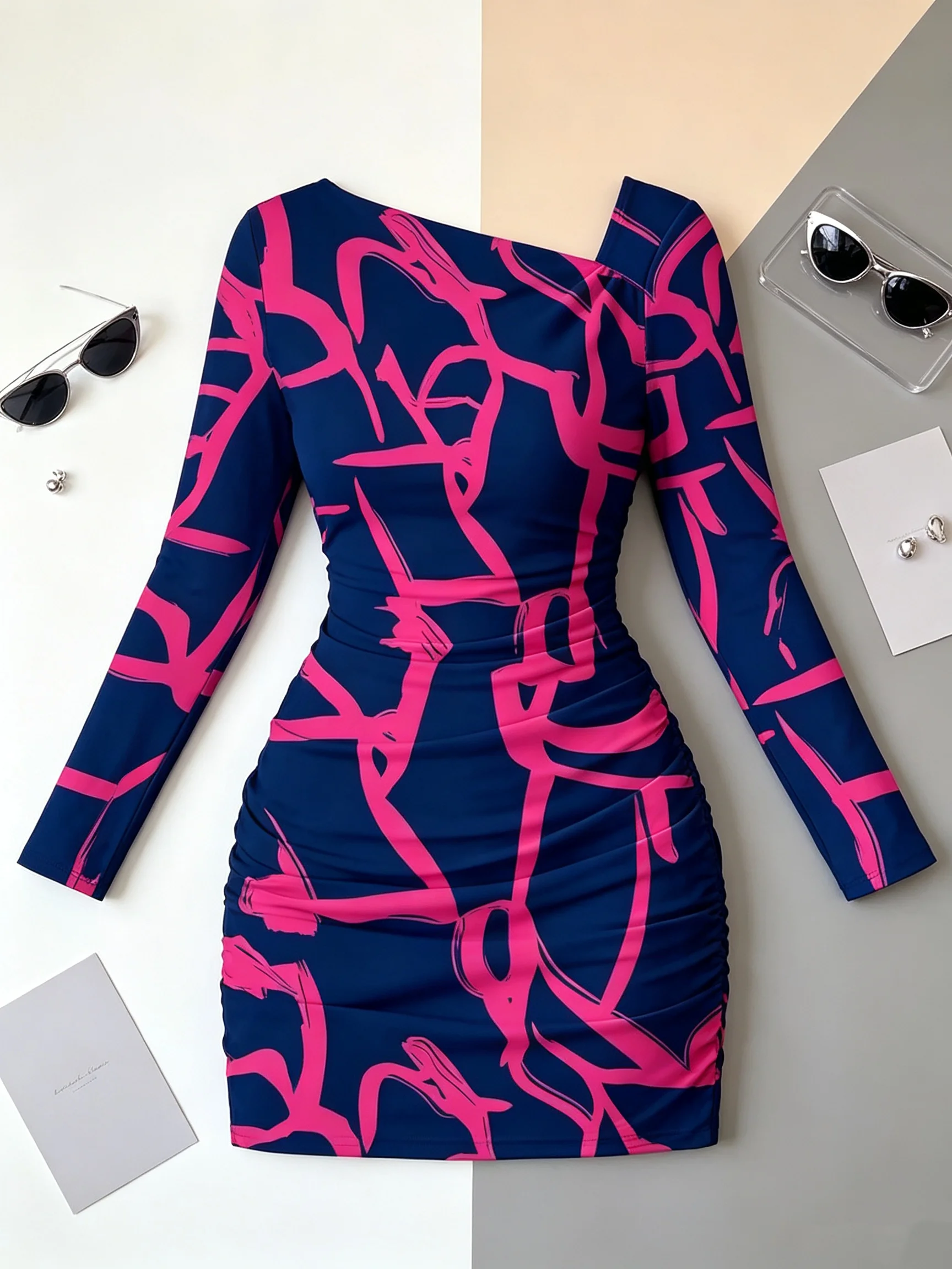 Women's Geometric Pattern Long Sleeve Dress Casual Elegant Comfortable Mini Skirt Slanted Collar Autumn Fashion