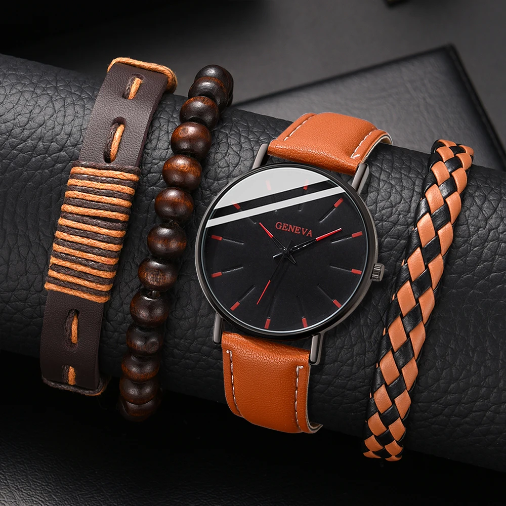 Men 4PCS/Set Brown Watch Fashionable Mechanical Elements  display picture 2