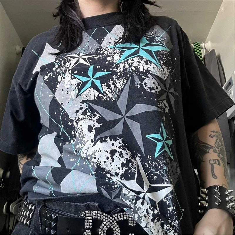 Camiseta Cyber Y2K de los años 2000 para mujer, con estampado de calavera, cuello redondo, manga corta, ropa estética para chicas E, ropa gótica para centro comercial, ropa urbana