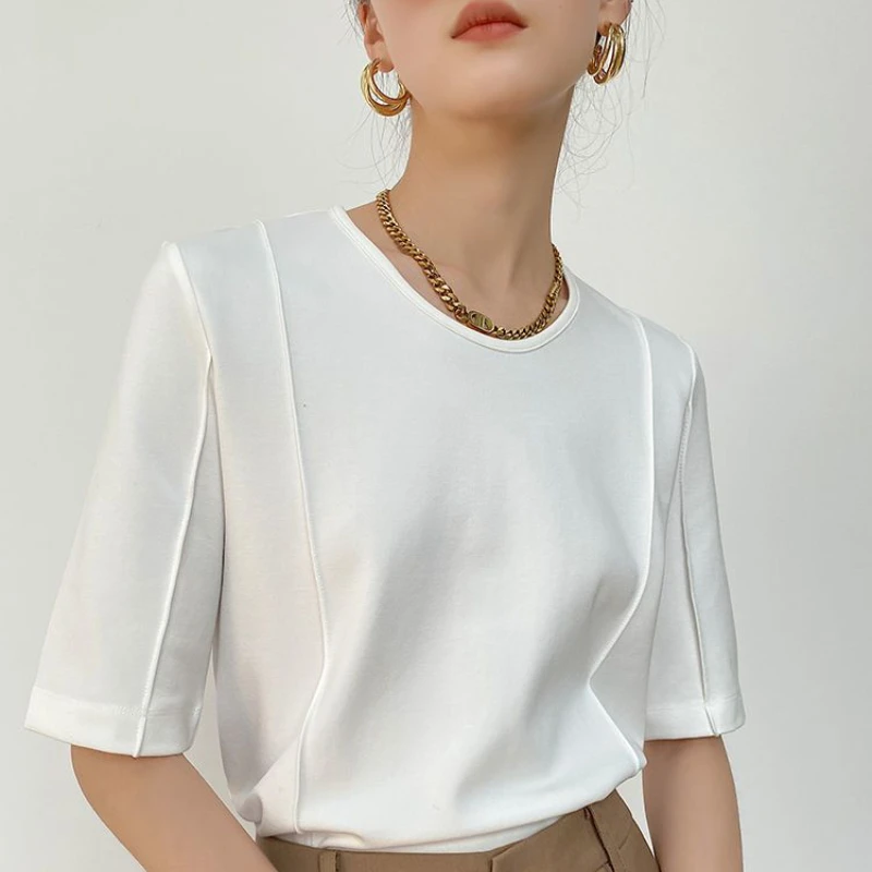 

Elegant Cotton Basic Solid Color Women's T-shirts Vintage Fashion O-neck Short Sleeve Tops Women Casual White Black Tshirt Lady