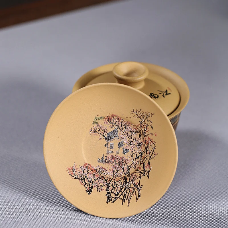 150ml Classic Chinese Raw Ore Old Duan Mud Hand Painted Jiangnan Landscape Purple Clay Sancai Gaiwan Kungfu Tea Bowl Drinkware