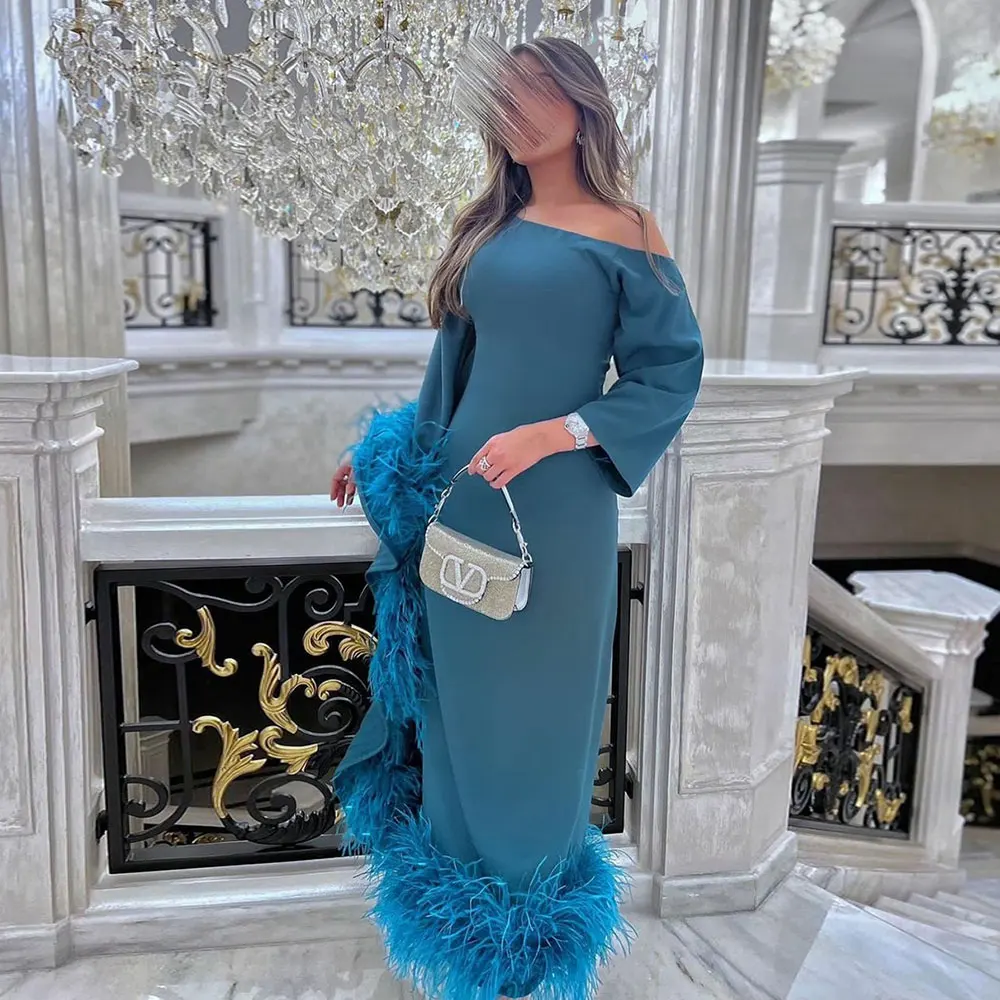 

Vintage Straight Evening Dress With Feather Saudi Arabia One Shoulder Luxury Dubai Ankle-Length Celebration Vestidos De Gala
