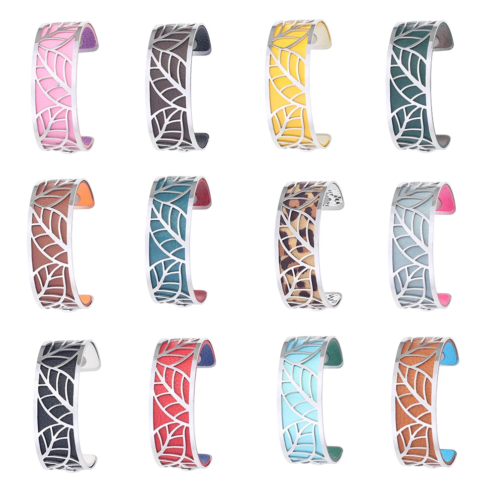 Yoiumit 25mm Leaf Bangles Love Cuff Bracelets Stainless Steel Manchette Femme Interchangeable Reversible Leather Jewelry Gift