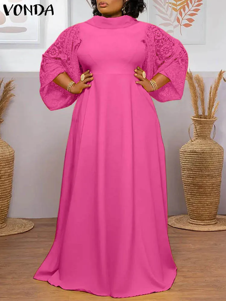 

VONDA Bohemian Maxi Sundress 2023 Elegant Women Casual Dresses Long Sleeve Stand Collar Loose Holiday Oversized Lace Robe Femme
