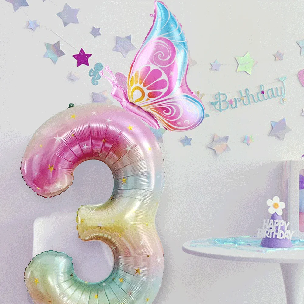40 Zoll Farbverlauf bunte große Zahl 1-9 Folienballon rosa Schmetterlingsballons für Mädchen Fee Geburtstagsdekoration Partyzubehör – Detail 8