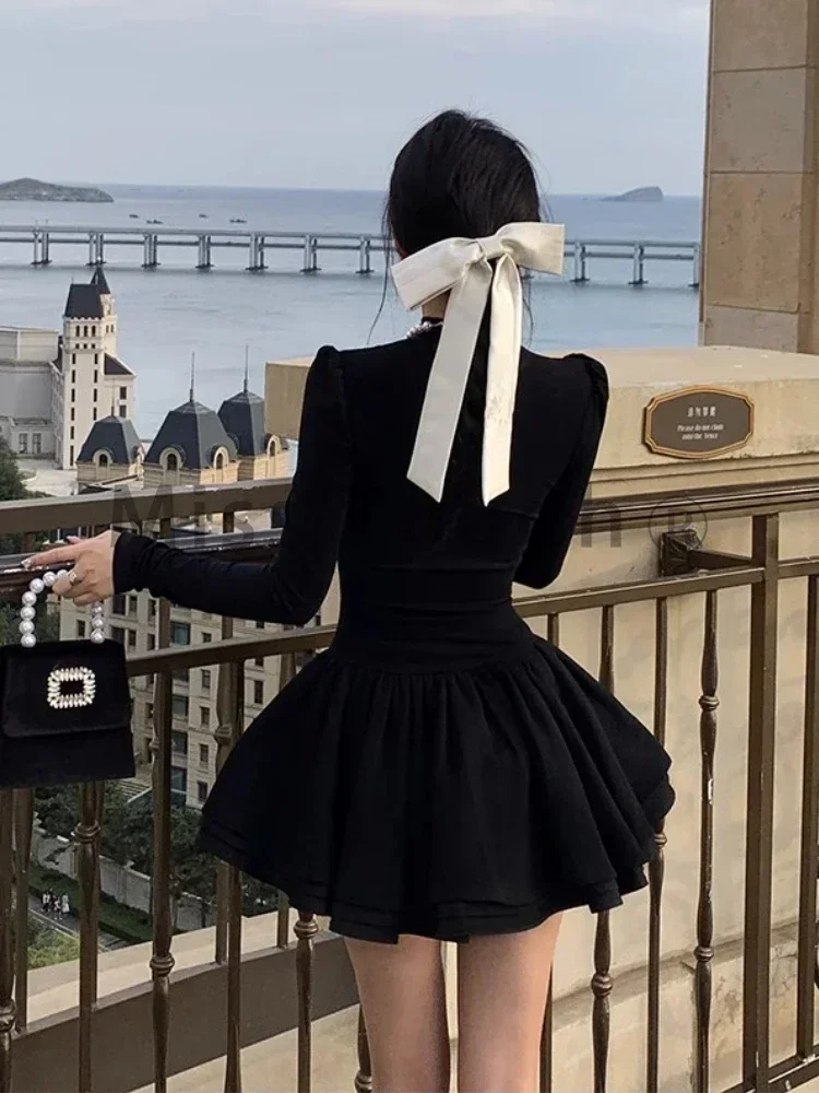 Winter Hepburn Elegant One Piece Dress Women Patchwork Black  