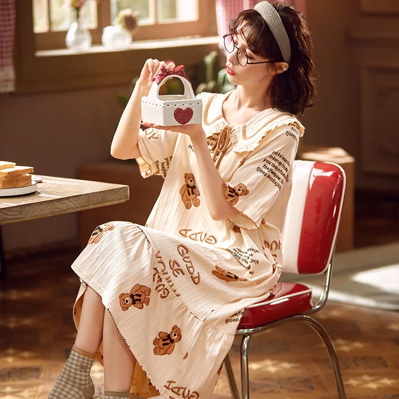 

Милое корейское женское летнее хлопковое Ночное платье в стиле принцессы с мультяшным принтом, милое повседневное домашнее белье, комплект свободного покроя для подростков, 2024