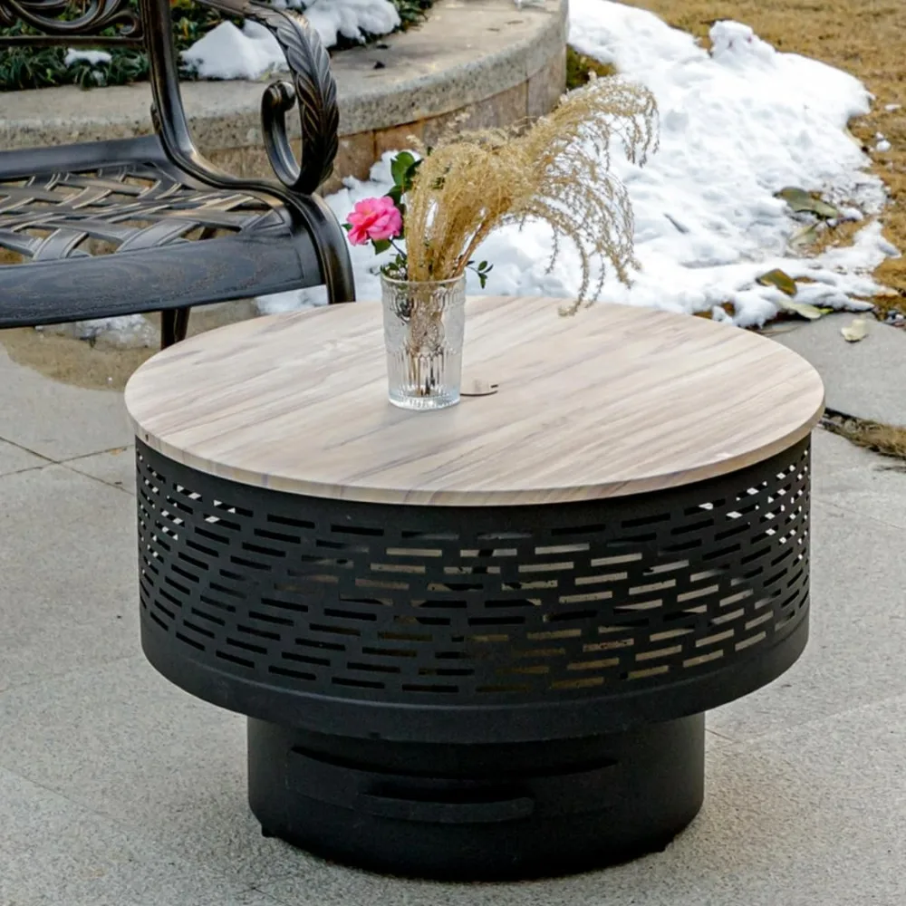 26 Wood Burning Fire Pits with Grill & Lid, Fire Pit Table for Outside with Waterproof Cover & Fire Poker,Outdoor Tables