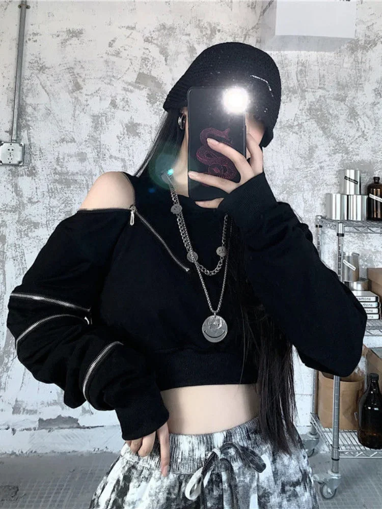 

Deeptown Techwear Goth Cropped Hoodies Women Harajuku Off Shoulder Oversize Sweatshirts Black Zip Up Top Hip Hop Streetwear Punk