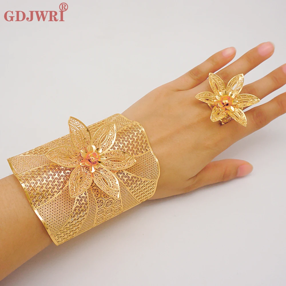 

France Adjustable Chain Flower Bangle & Ring For Women Moroccan Indian Dubai Gold Color Bracelet Nigerian Wedding Jewelry