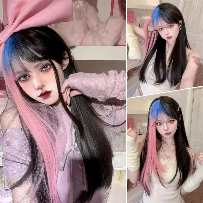 Synthetic Long Ombre Colorful Cosplay Lolita Harajuku Wig With Bangs Natural Wavy Halloween Pink Purple Blue Daily Wigs