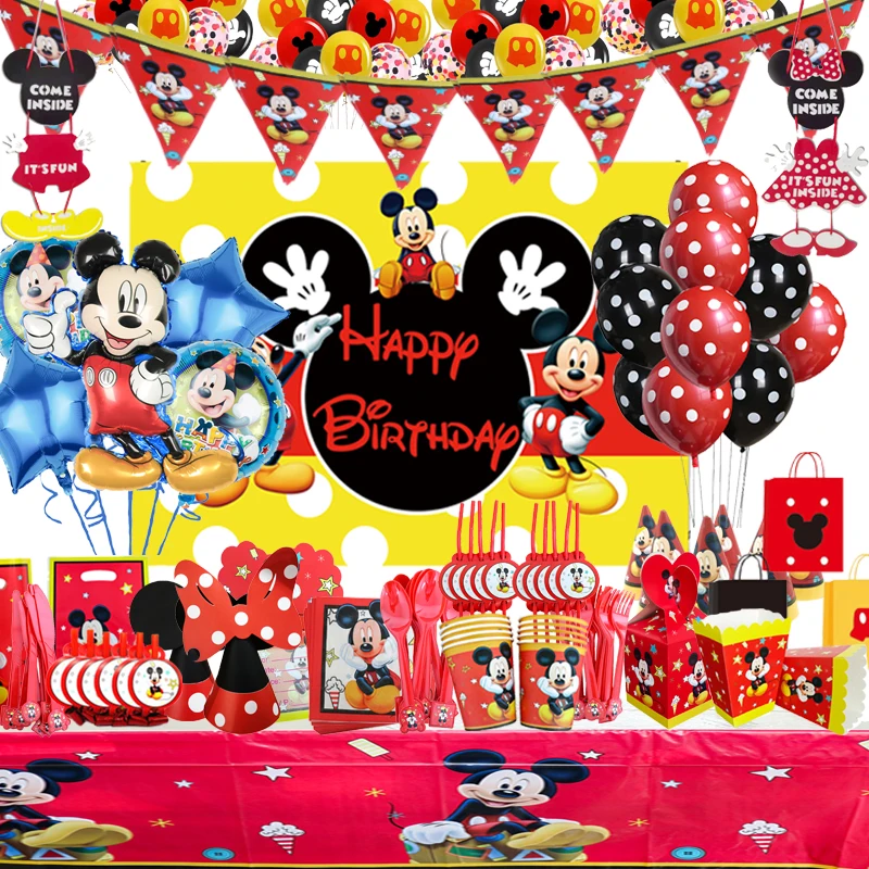 

Disney Mickey Mouse Birthday Decorations Cartoon Mickey Latex Foil Balloon Set Paper Tableware Backdrop Kids Party Supplies