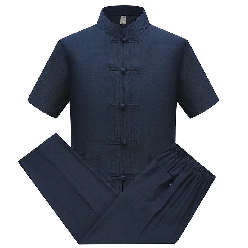 Traditional Tang Clothing Vintage Button Down Top Short Sleeve Jacket Men Cotton Kung Fu Garment suit Male Solid Costume tai chi clothing