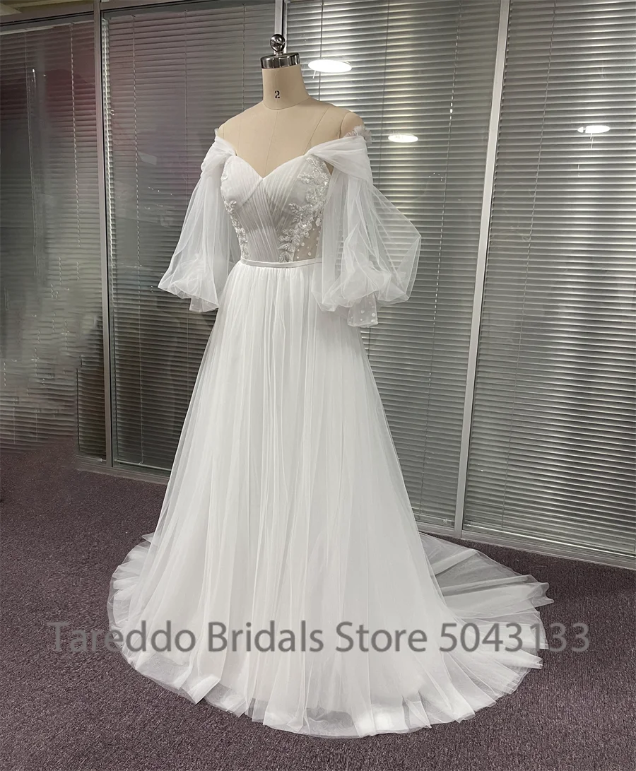 Off the Shoulder Appliques Pleats Bubble Sleeve Detachable Bridal Dress Polka Dot A Line Boho Wedding Dresses wedding dresses