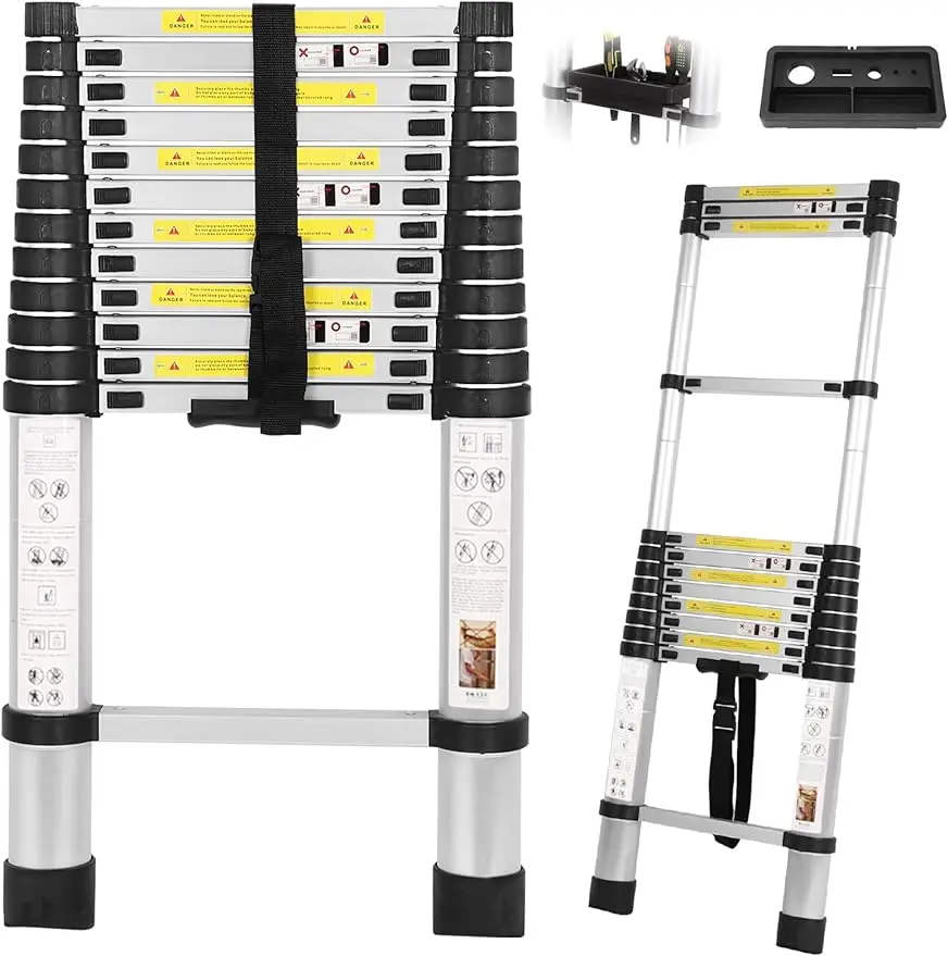 

12.5FT Telescoping Ladder with Tool Tray, Multi-Purpose Extension Ladder, Aluminum Folding Ladder Collapsible Ladder, Telescopic