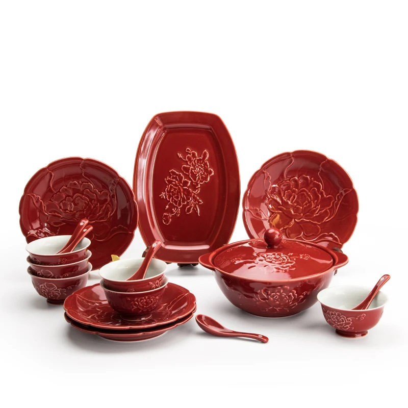 Creative Relief Peony Dinner Set Plates And Dishes Red Ceramic Dinner