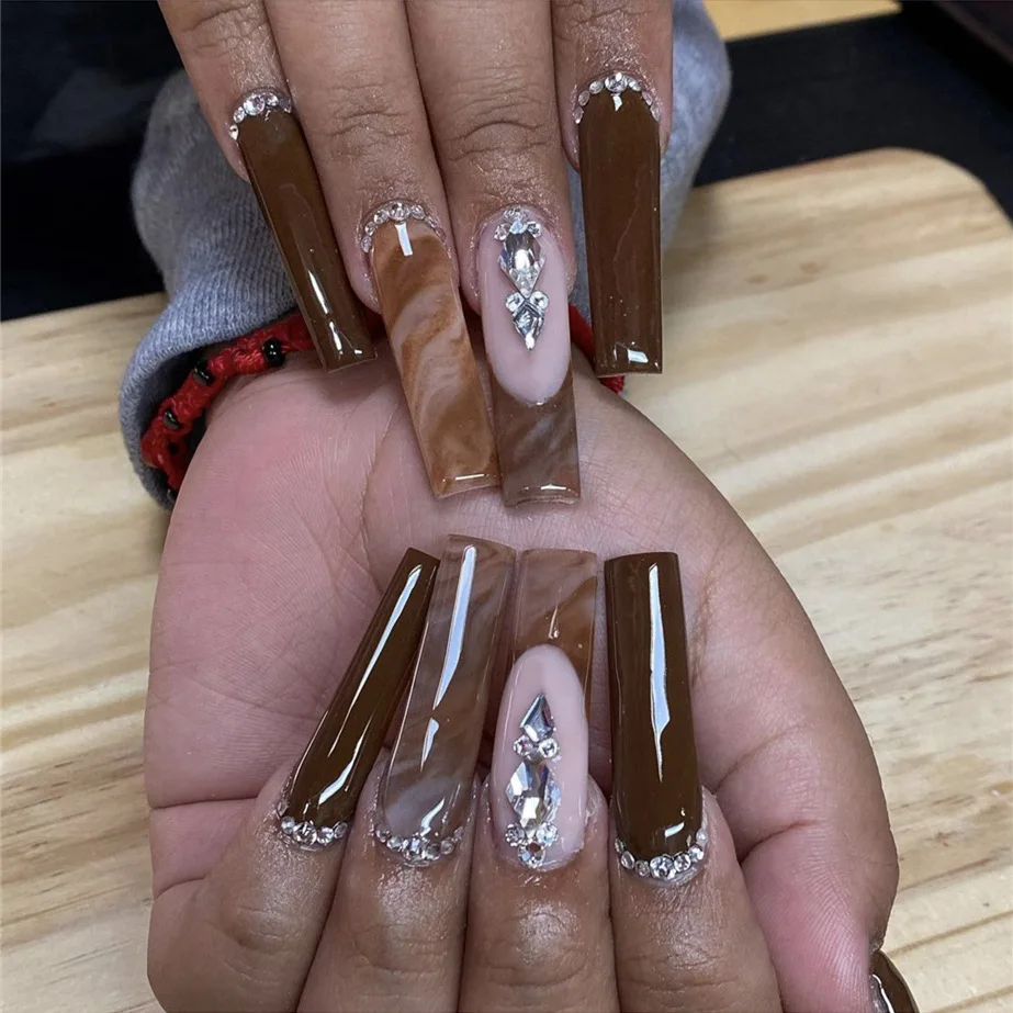 Amazon.com: Brown Press on Nails Long Coffin Fake Nails Brown Marble False  Nails with Brown Glitters Rhinestones Designs Extra Long Acrylic Nails  Glossy Glue on Nails for Women Girls Manicure Decor :