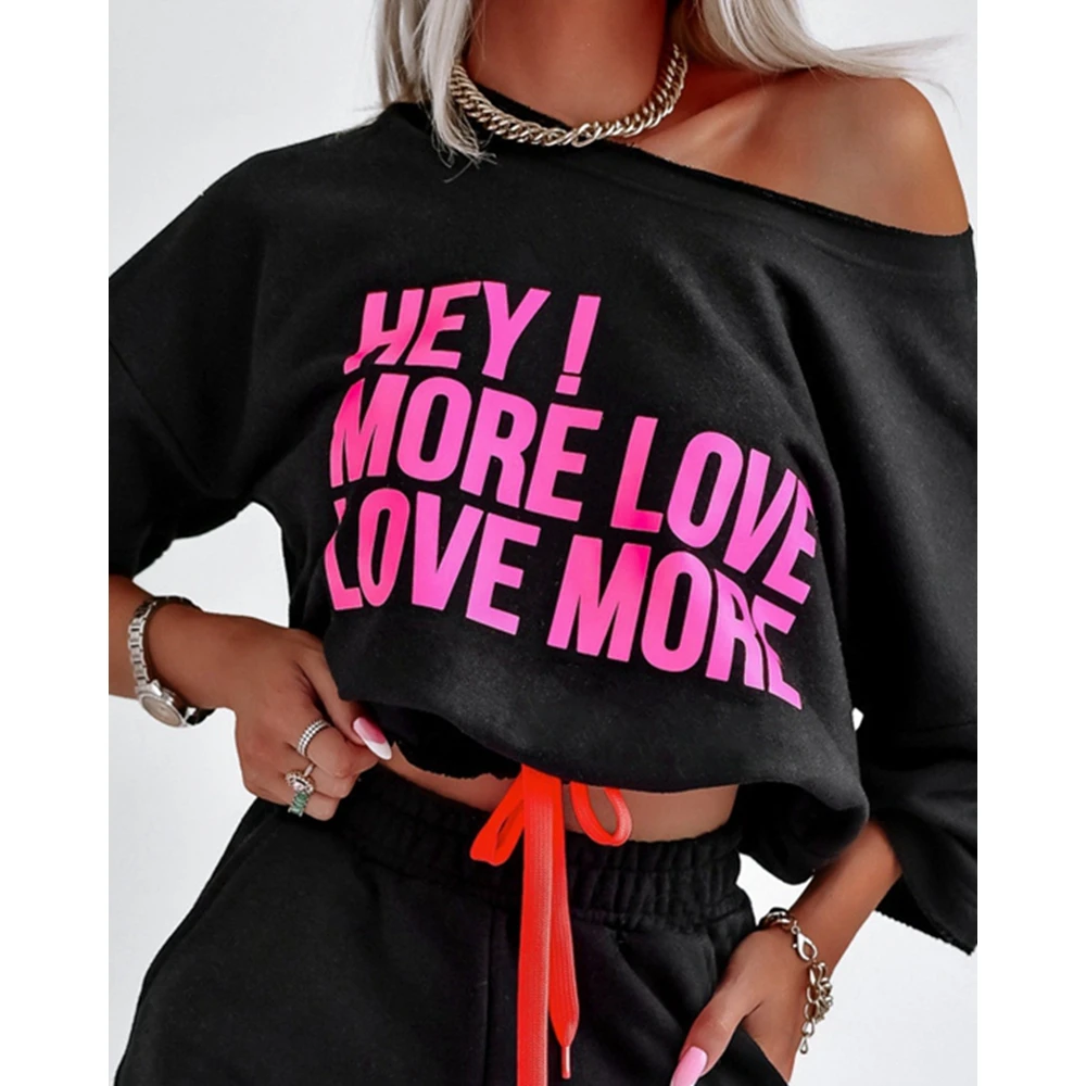 Summer Casual Two-Pieces Suit Sets Summer Outfits Women Letter Print Short Sleeve Buttoned Top & Drawstring Shorts Set Clothing