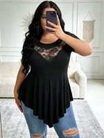 Women’s Plus Size Lace Panel Tunic Top,Short Sleeve Asymmetric Hem Flowy Blouse for Casual, Work, or Date Night Outfits - Image 3