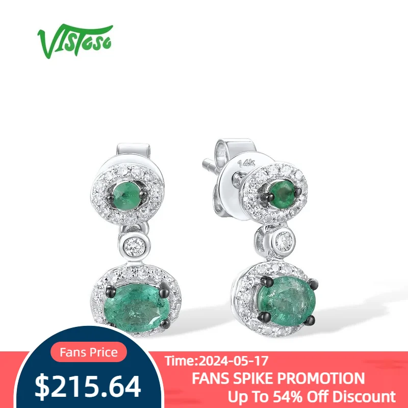 

VISTOSO Gold Earrings For Women 14K 585 White Gold Sparkling Emerald Diamond Stud Earrings Simple Style Trendy Fine Jewelry