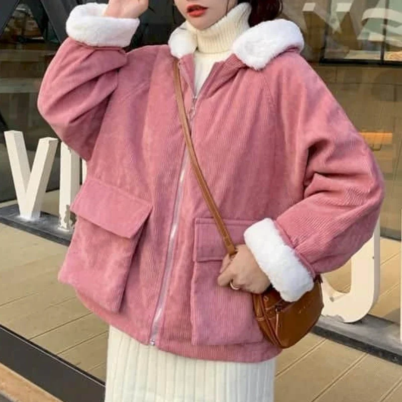 

2023 New Cotton Plus Velvet Loose Hooded Corduroy Long-sleeve Coats Thicken Jackets Female Student Autumn Winter Korean Overcoat
