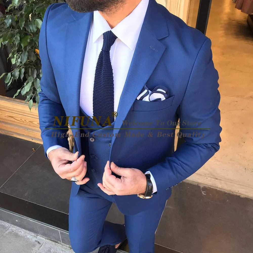 

Blue Male Suit Prom Tuxedo 3 Piece Slim Fit Groom Wedding Suits For Men Fashion Costume Homme Terno Masuclino (Jacket+Vest+Pant)