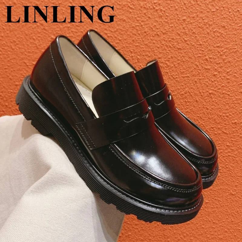 

Luxury Designer Platform Thick Bottom Shoes Woman Round Toe Flats Ladies Loafers Genuine Leather Slip On Casual Dress Shoes 2023