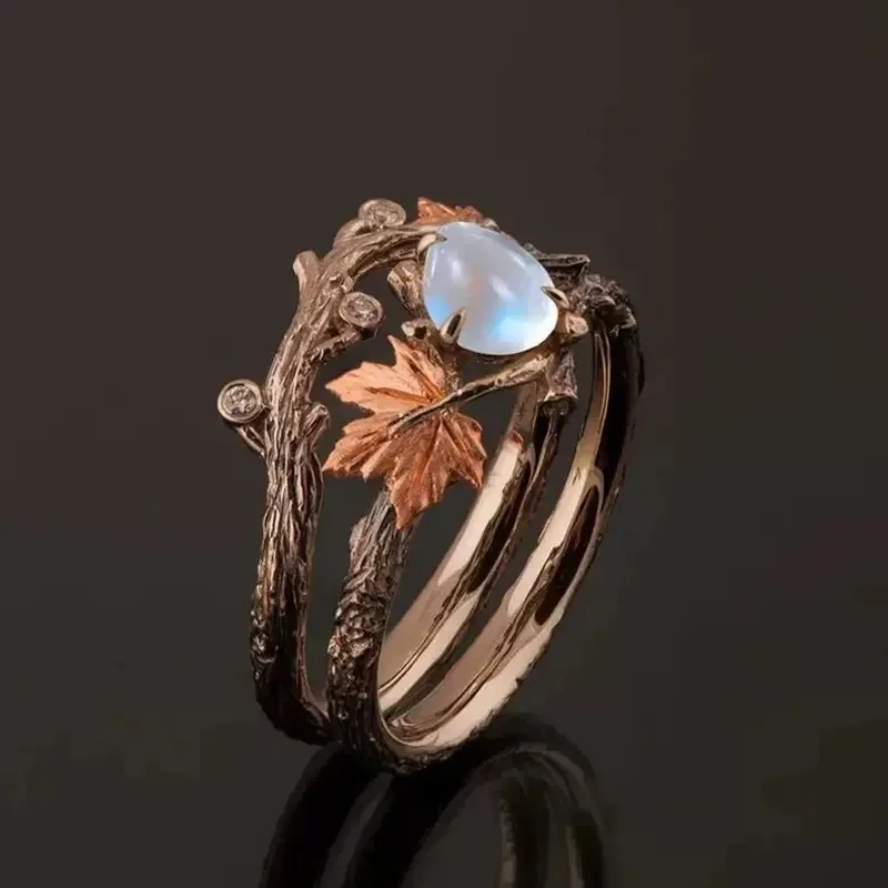 Creativity Maple Leaf Water Drop Opal Stone Rings for Women New Charm Luxury Finder Aesthetic Jewelry Wedding Anniversary Gift 2