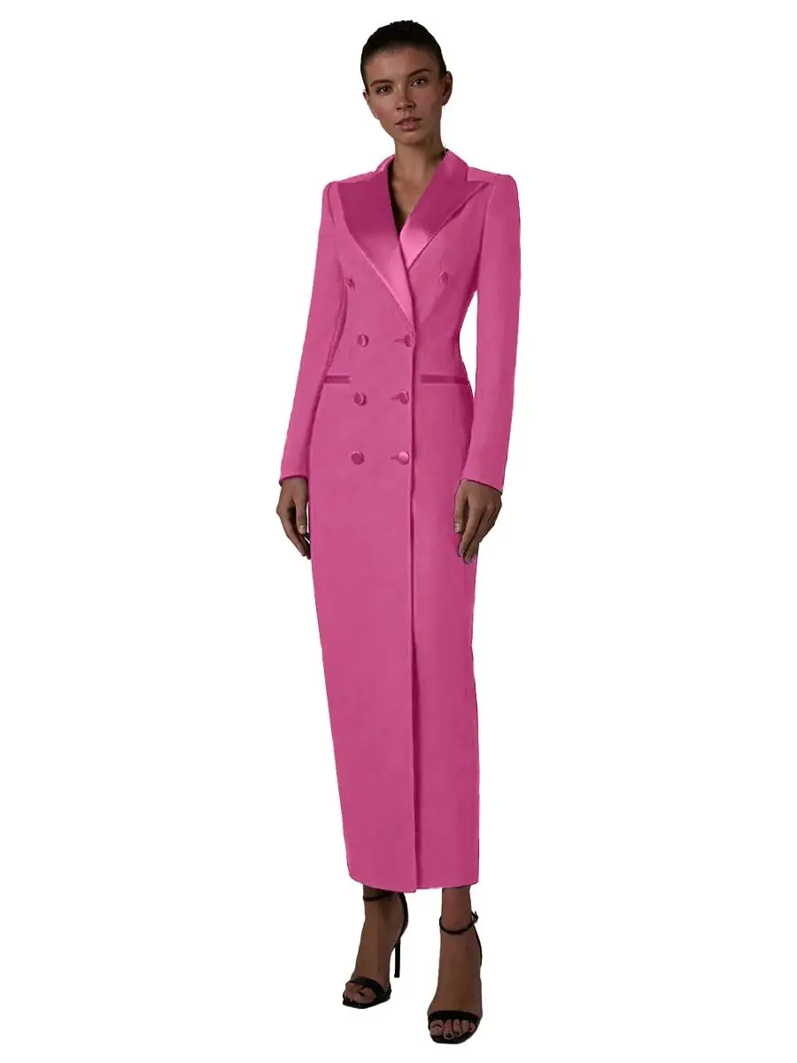 Hot Pink Autumn Winter Double Breasted Women Long Jacket Suits Ladies Prom Evening Guest Formal Wear Custom Made Dress Blazer