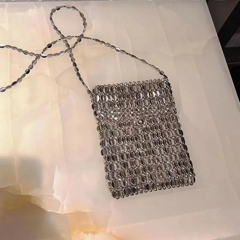 Vintage Plastic Metal Style Shiny Hand Woven Hollow Beaded Pearl Small Square Bag Long Shoulder Strap Crossbody Small Bag Women