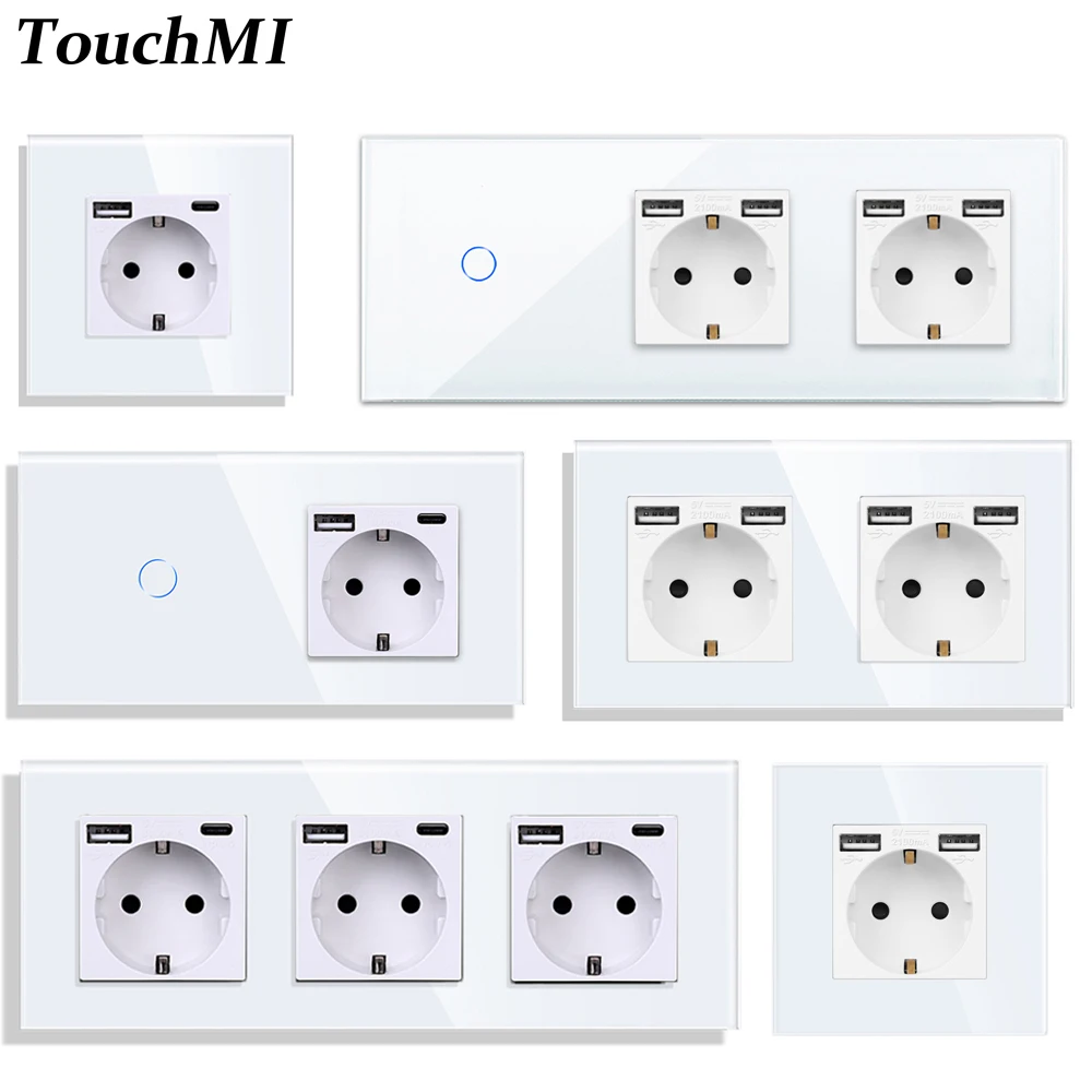 EU Standard Touch Switch with USB Socket 1/2/3Gang 1Way White Crystal