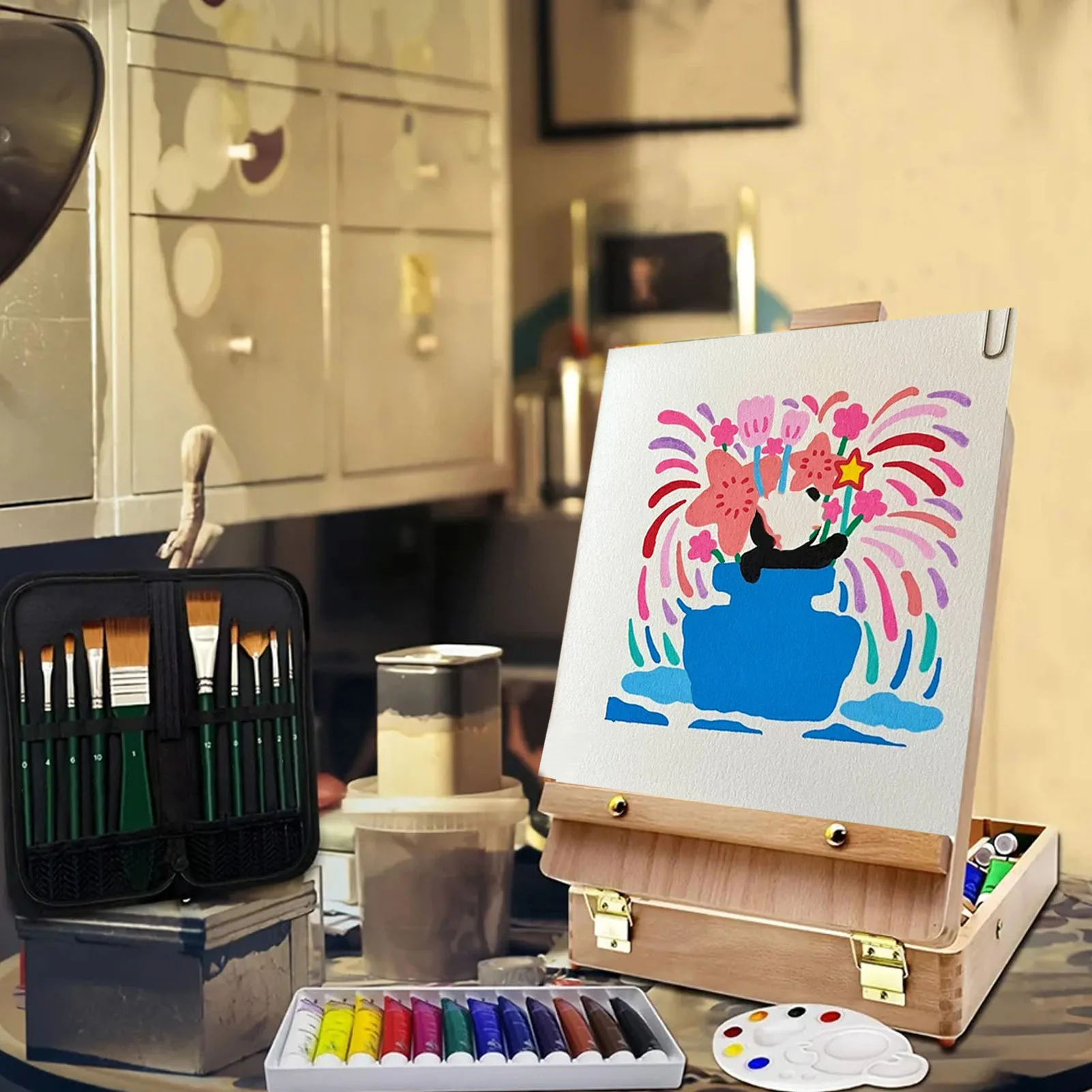 Desktop Art Easel Desktop Art Easel Wooden Structure Rubber Feet Portable Tabletop Sketchbox Painting Easel for Students Artists