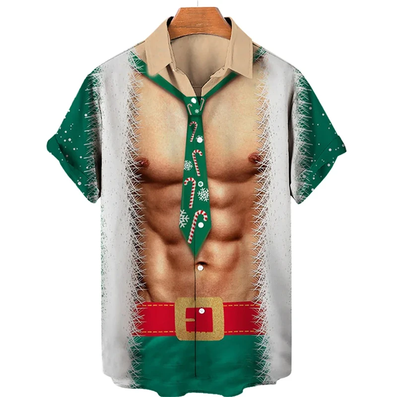 Funny Christmas Uniform Blouses Santa Claus Cosplay Shirts For Men Clothes Xmas Mens Gift Short Sleeve Streetwear Lapel Blouse 5