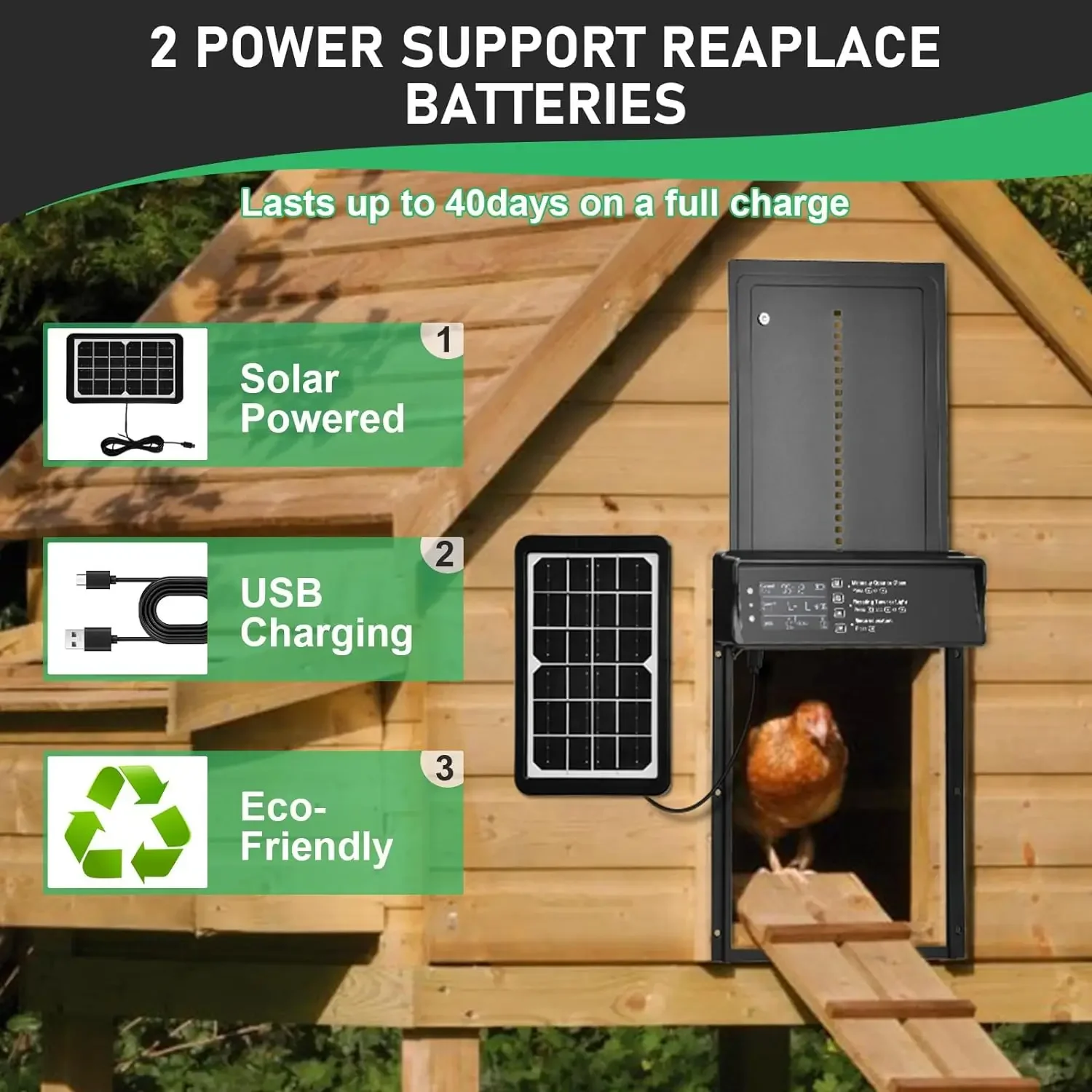 Solar Auto Chicken Coop Door Automatic Chicken Door Solar Powered & USB Charging Chicken Door 4 Modes with Timer & Light Senso