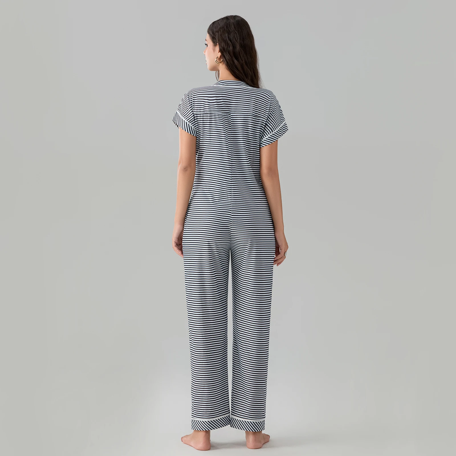 Women Summer Pajama Jumpsuits Striped Print V-Neck Short Sleeves loose Lounge Romper for Soft Sleepwear