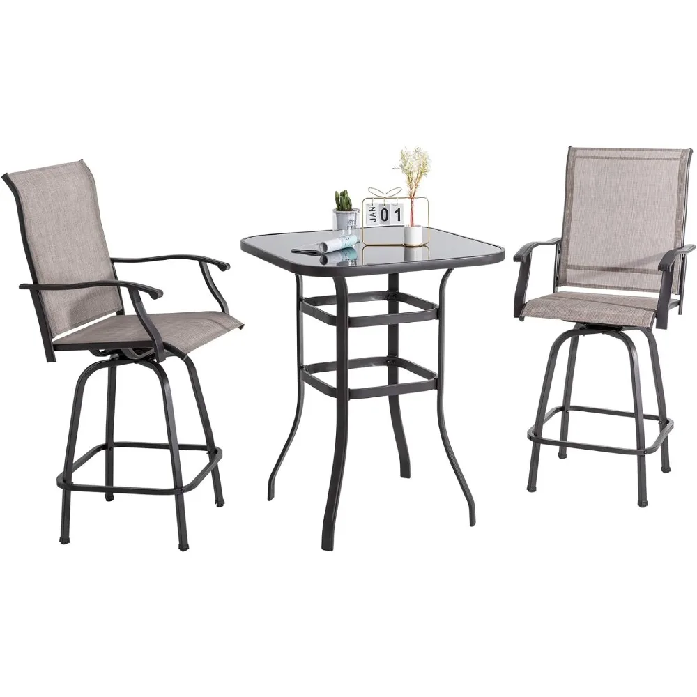 Shintenchi Patio Swivel Bar Set, All Weather Textile Fabric Outdoor High Stool Bistro Set with 2 Bar Chairs and Glass Table