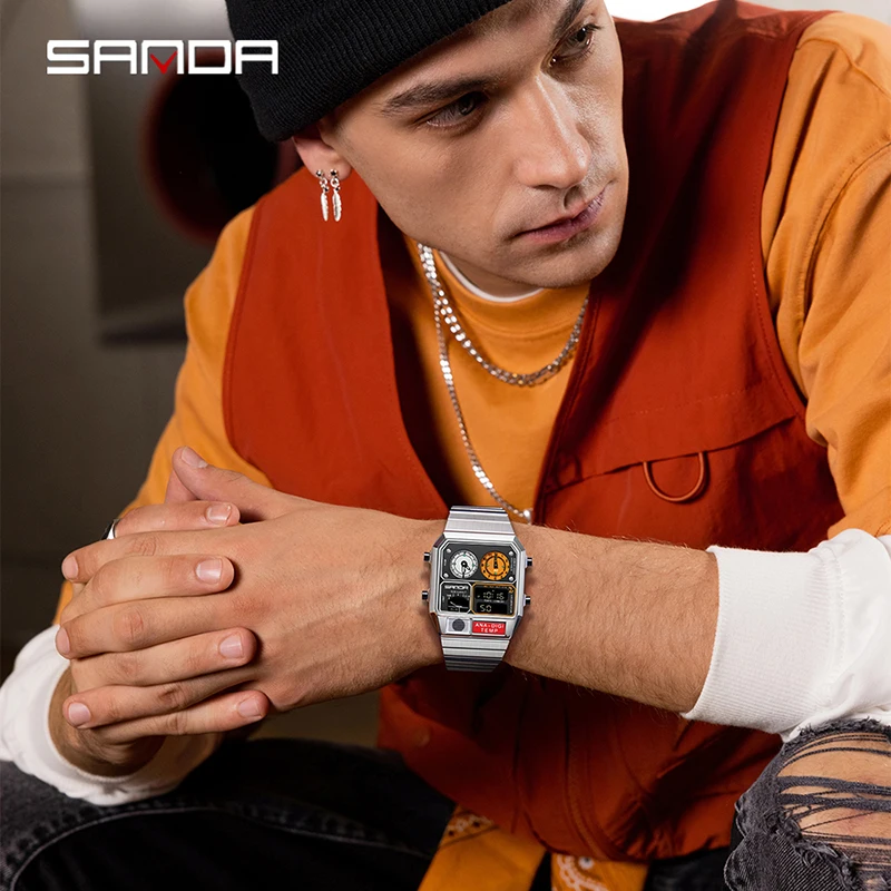 SANDA 3192 LED Electronic Square Watch for Men Hot-selling Casual Multi-function Thermometer Stopwatch Chronograph Mens Watches