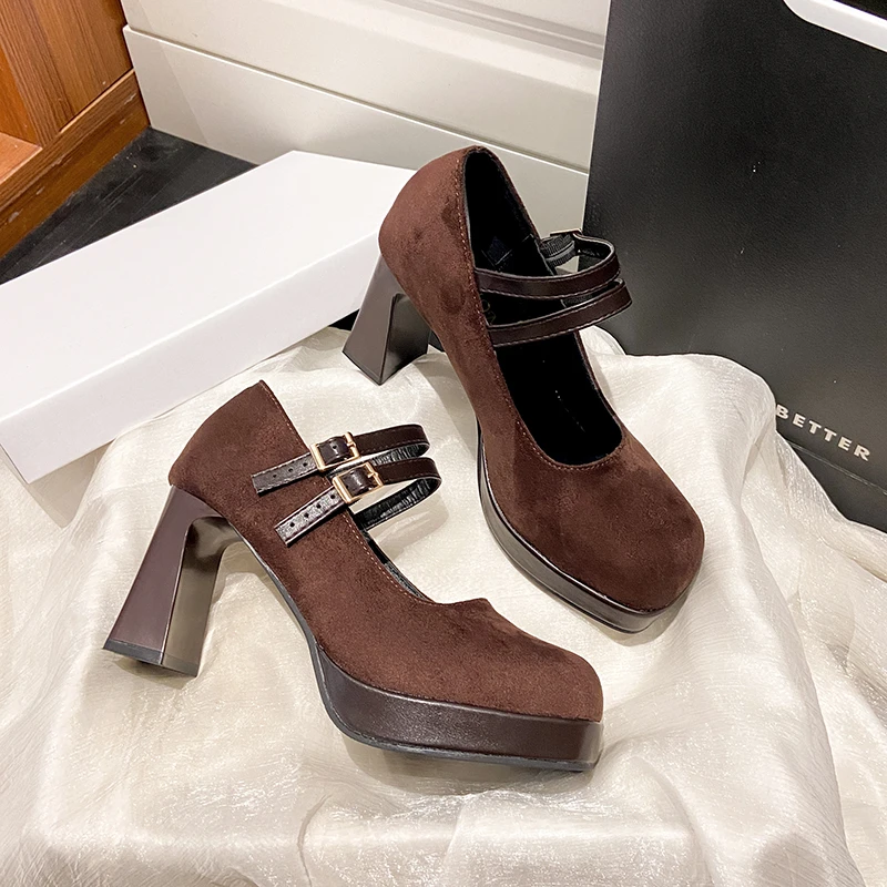 Aphixta Classic Round Toe Women's Mary Janes Shoes 8cm High Heels Platform Woman Shoes Metal Buckle Cow Suede Upper Shoes
