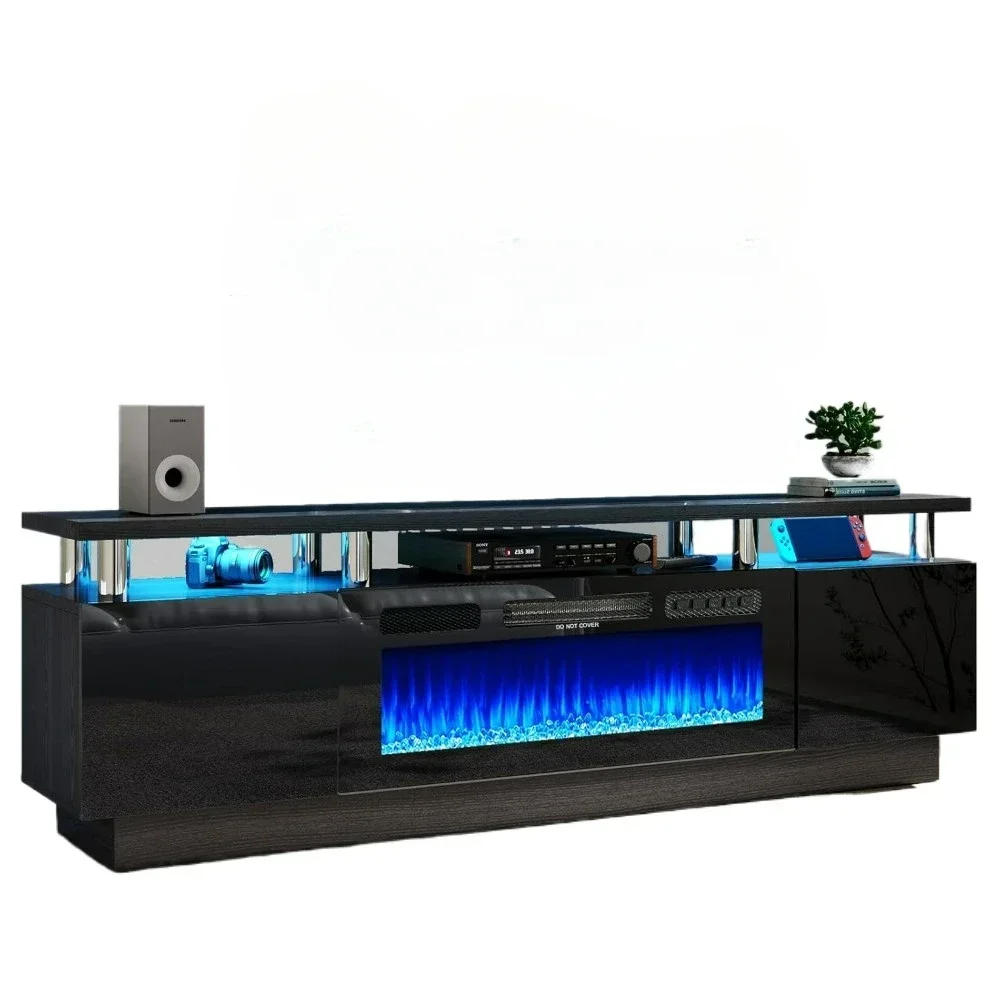 70" Fireplace TV Stand, with Electronic Flame and LED Lights, Luxury High Gloss Finish Entertainment Center, TV Console Cabinet 6