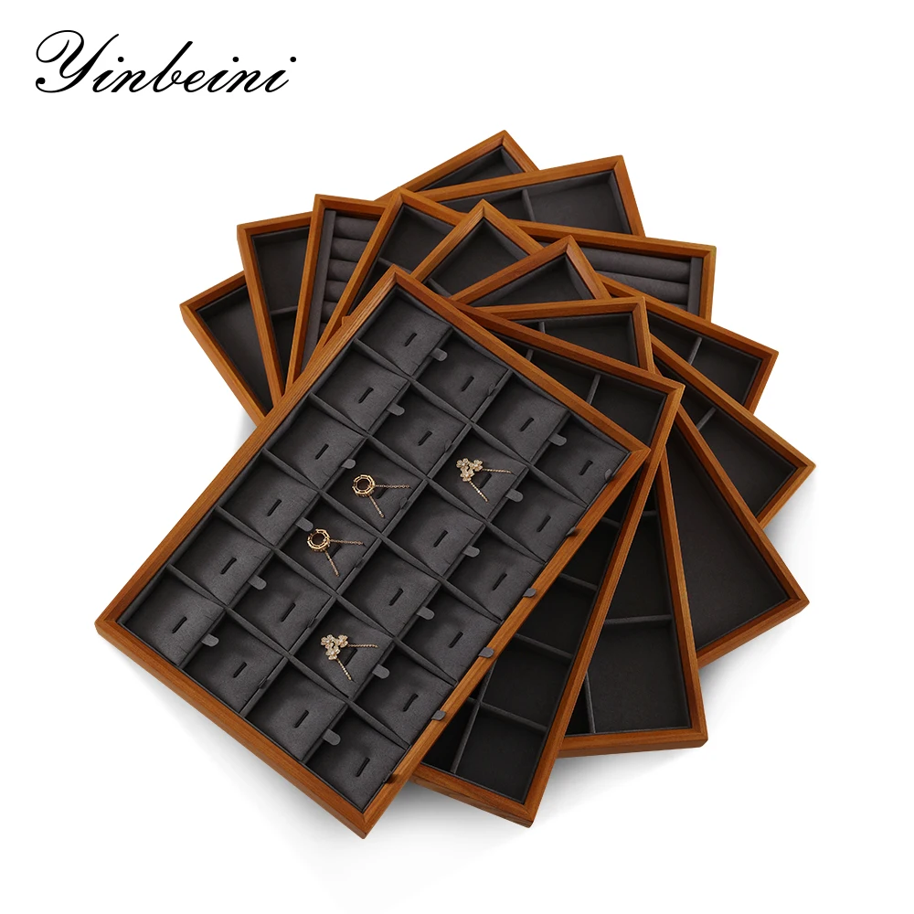 

YinBeiNi Newly Jewelry Display Tray Solid Wood&Microfiber Ring Necklace Bangle Earring Display Organizer for Counter Store