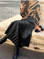 Black PU-leather Pleated Skirt New Women High Waist Fashionable All-match A-Line mi-long Skirt Female - Image 3