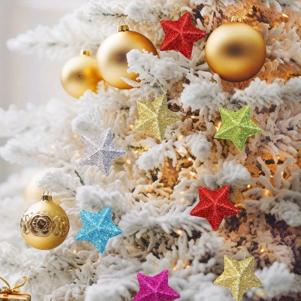 14pcs Glitter Star Pendant Christmas Tree Mini Hanging Stars Christmas Decorations for Party and Home Festive Creative Design