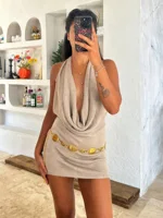 Sexy Stacked Deep V Neck Bright Silk Backless Knit Beach Mini Dress 2025 Women Summer Vacation Dresses（Belt not included）K145 - Image 6