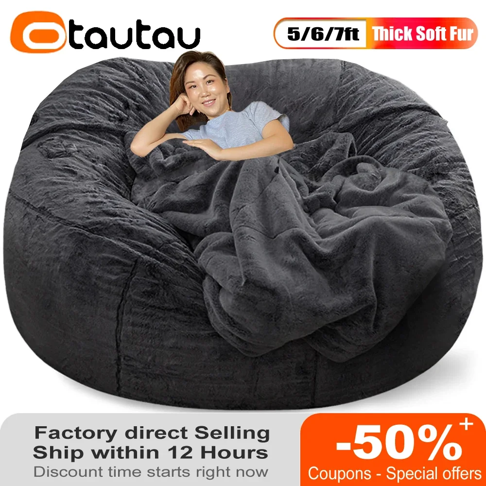 

OTAUTAU 5ft Giant Fluffy Bunny Fur Beanbag Pouf Cover Without Filler Bean Bag Sofa Bed Puff Salon Chaise Lounge Sac DD003