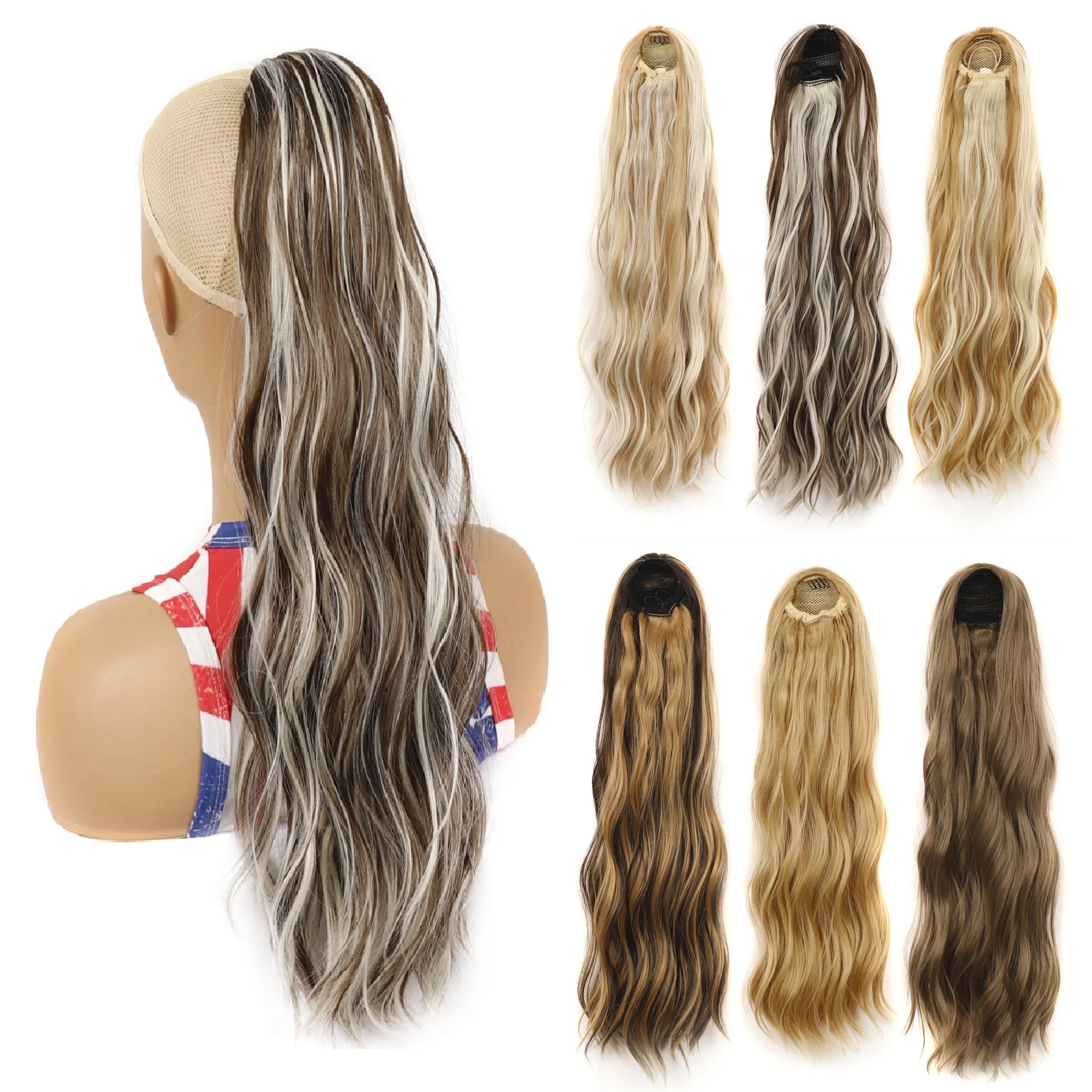 

European And American Wig Horsetail Female Drawstring Long Curly Hair High Ponytail Net Water Corrugated Chemical Fiber Wig