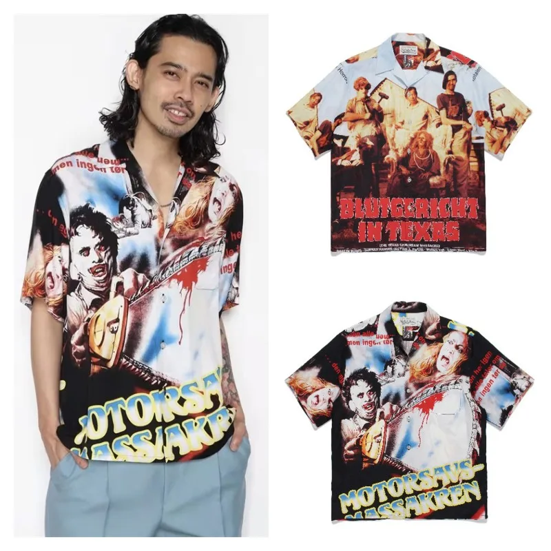 

23ss WACKO MARIA Summer Shirt High Quality 1:1 Print Portrait Loose Casual Hawaii Beach Vacation Shirt Mens Womens